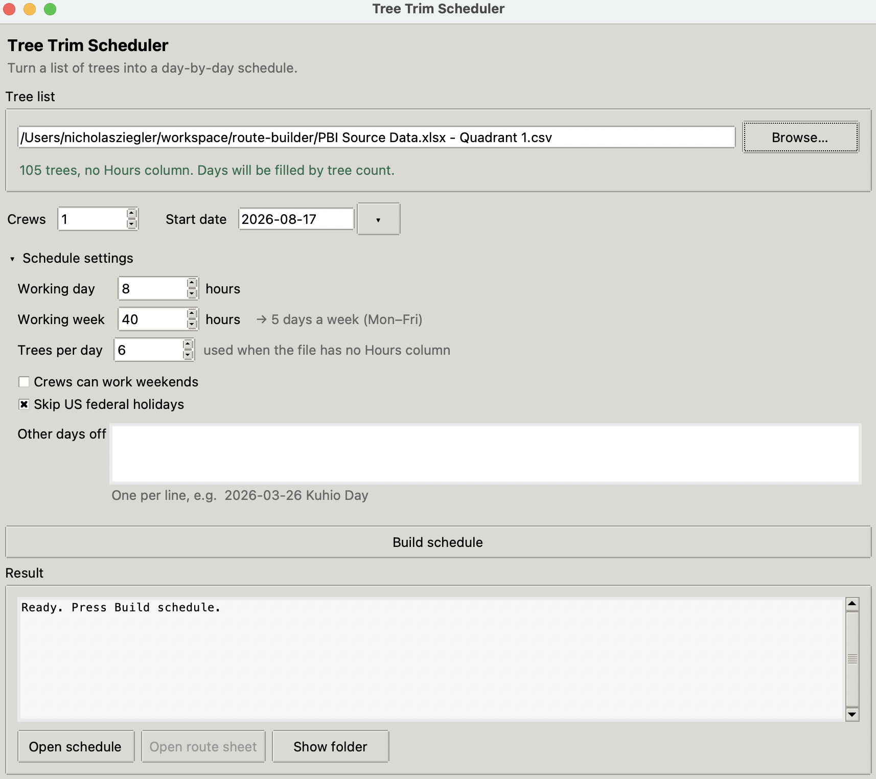 Tree Trim Scheduler app window: pick a tree list file, set crews and start date, adjust schedule settings, and press Build schedule.